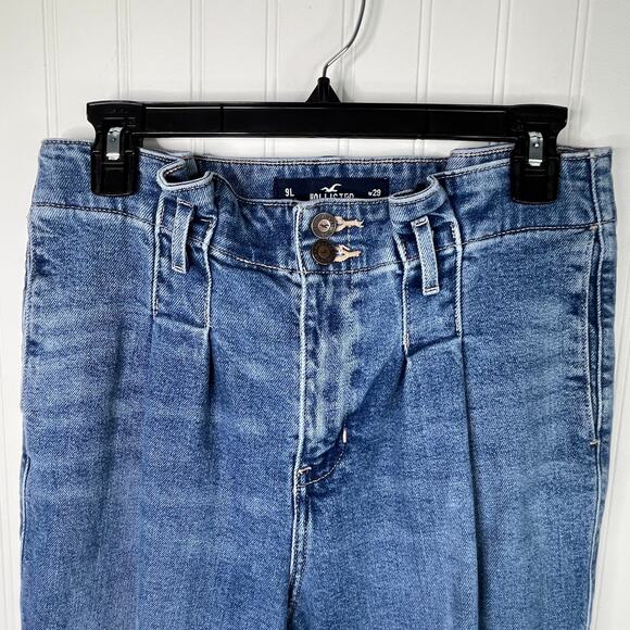 Hollister Paper bag Denim Jeans Raw Hem Pleated High Rise Size 9 Long Tall Pants - Picture 5 of 7
